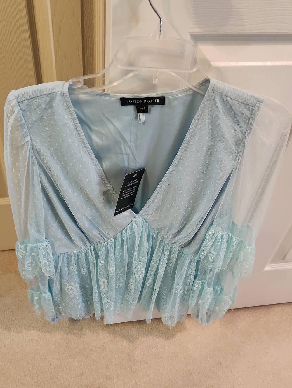 Boston Proper Pale Blue Lace & Sheer Polka Dot V-Neck Blouse